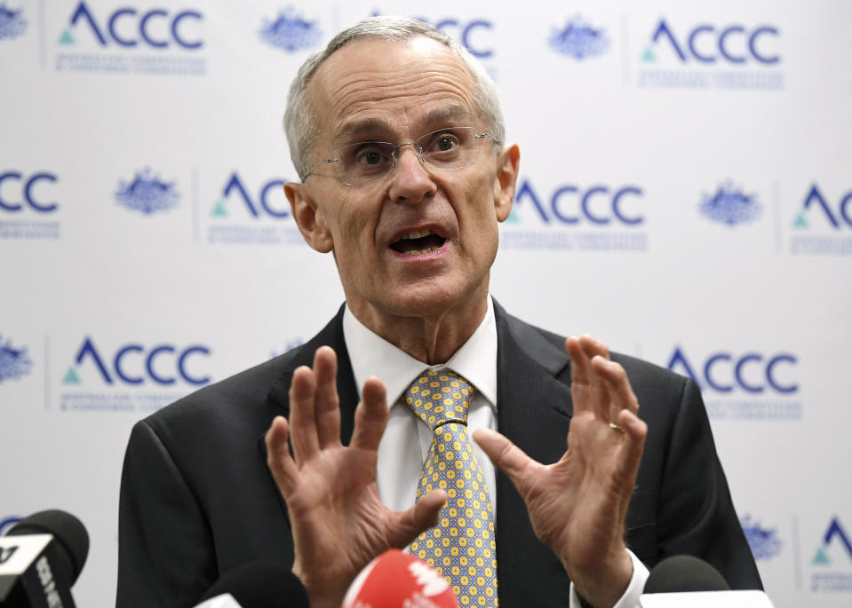 Australian Competition and Consumer Commission (ACCC) Chairman Rod Sims speaks during a media conference at the in Sydney, Tuesday, Oct. 29, 2019. The ACCC is taking Google to court alleging the technology giant broke consumer law by misleading Android users about how their location data was used. (Joel Carrett/AAP Image via AP)