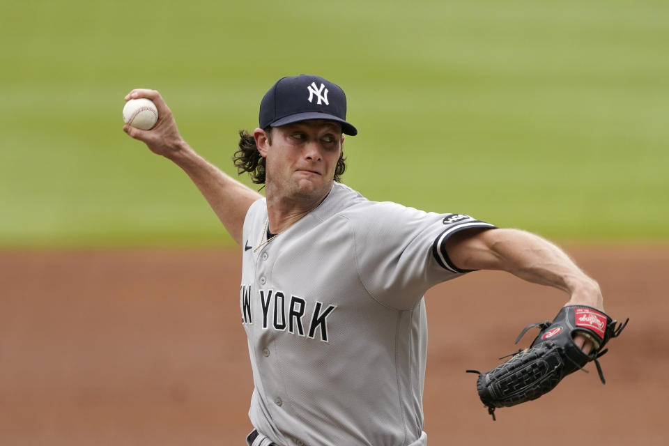 New York Yankees starting pitcher Gerrit Cole works in the second inning of game one of a baseball doubleheader Wednesday, Aug. 26, 2020, in Atlanta. (AP Photo/John Bazemore)