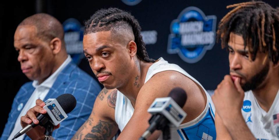 North Carolina coach Hubert Davis, Armando Bacot (5), R.J. Davis (4) and Cormac Ryan (3) takes questions during the media following their 89-87 loss to Alabama in the West Regional Sweet Sixteen on Thursday, March 28, 2024 at Crypto.com Arena in Los Angeles, CA.