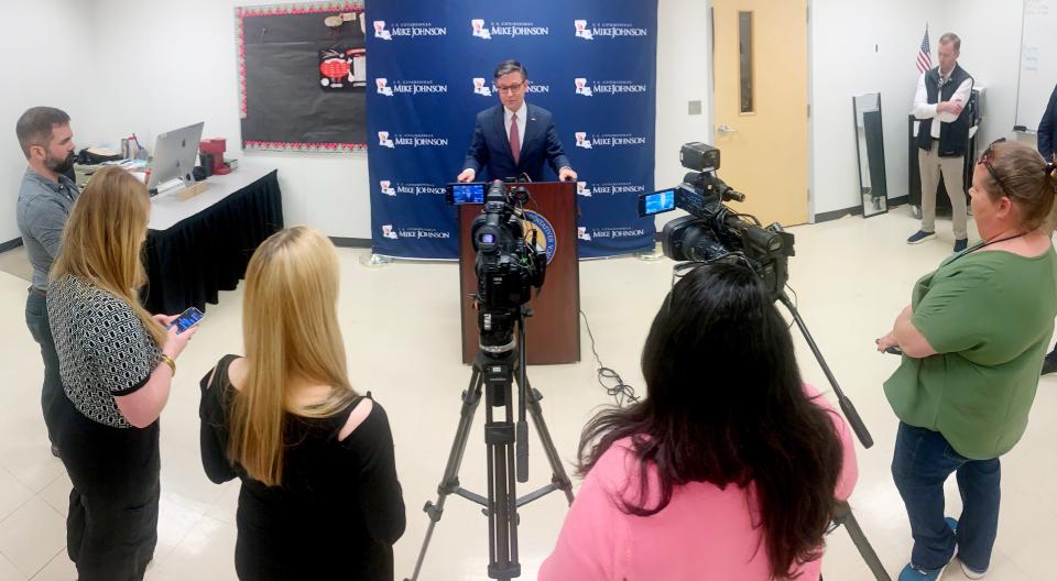 Speaker of the House Mike Johnson takes time to talk to the press after a visit of the Bossier Instructional Center, Friday afternoon, Feb. 23, 2024.