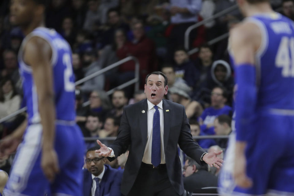 Duke head coach Mike Krzyzewski calls to his players during the first half of an NCAA college basketball game against Boston College in Boston, Tuesday, Feb. 4, 2020. (AP Photo/Charles Krupa)