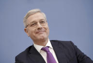 FILE - In this Germany, Tuesday, Feb. 18, 2020 file photo Norbert Roettgen, candidate for the chairmanship of the Christian Democratic Union, CDU, party, speaks at a news conference in Berlin. German Chancellor Angela Merkel's center-right party is choosing a new leader on the weekend Saturday Jan. 16 and Sunday Jan. 17, 2021, a decision that will help determine who succeeds Merkel at the helm of the European Union's biggest economy after a 16-year reign.(Michael Kappeler/dpa via AP, file)