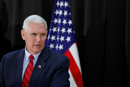 U.S. Vice President Mike Pence speaks during an Easter fellowship dinner at a military base in Seoul, South Korea, April 16, 2017. REUTERS/Kim Hong-Ji