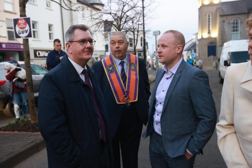 Left to right, Sir Jeffrey Donaldson, John McGregor and loyalist blogger Jamie Bryson during an anti-Northern Ireland Protocol rally and parade in Ballymoney, Co Antrim (Liam McBurney/PA) (PA Wire)
