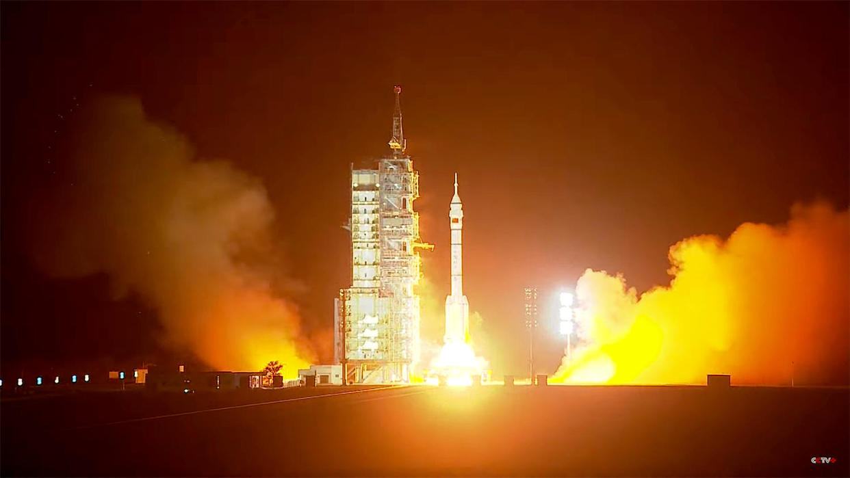 A Long March 2F rocket blasts off from the Jiuquan Satellite Launch Center in northwest China carrying three Taikonauts on a flight to the Tiangong space station. / Credit: CCTV