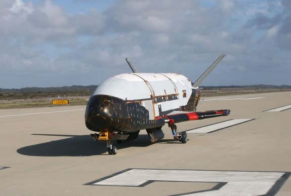 The X-37B Orbital Test Vehicle on a runway at Vandenberg Air Force Base, in California, in June 2009.