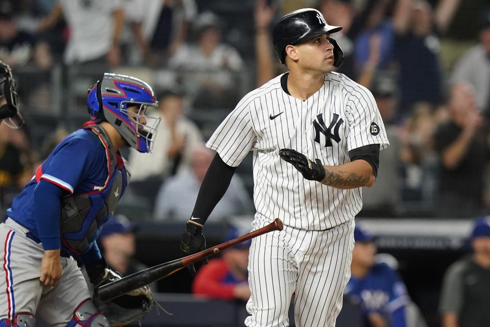 New York Yankees' Gary Sanchez flips his bat after hitting a two-run home run during the eighth inning of a baseball game against the Texas Rangers Wednesday, Sept. 22, 2021, in New York. (AP Photo/Frank Franklin II)