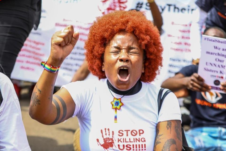 A Kenyan protester shouts slogans during a nationwide protest against increasing femicide cases in the country, Nairobi, Kenya, 27 January 2024. Activists called for the protest after a recent spike in femicide cases, in which several women have been reportedly found murdered and some of their body parts missing.