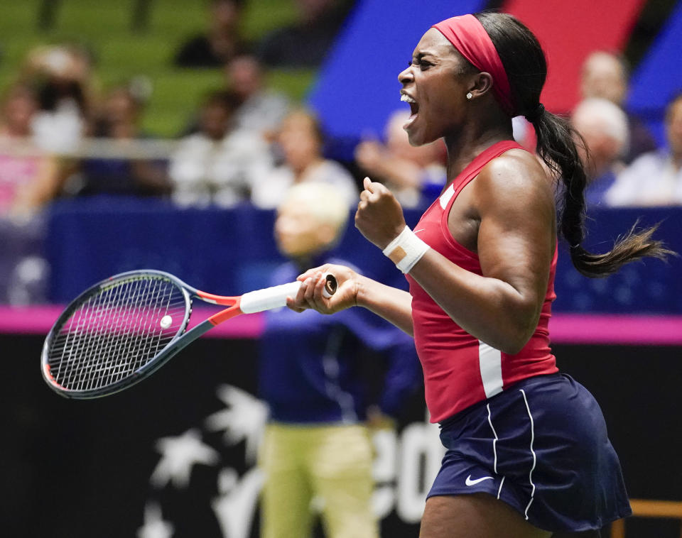 United States' Sloane Stephens reacts after defeating Switzerland's Timea Bacsinszky during their playoff-round Fed Cup tennis match, Saturday, April 20, 2019, in San Antonio. (AP Photo/Darren Abate)
