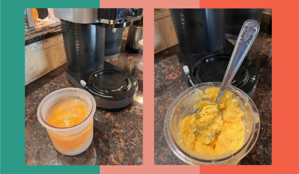 On the left, a can of frozen peaches before getting blended by the machine. On the right, the end result.