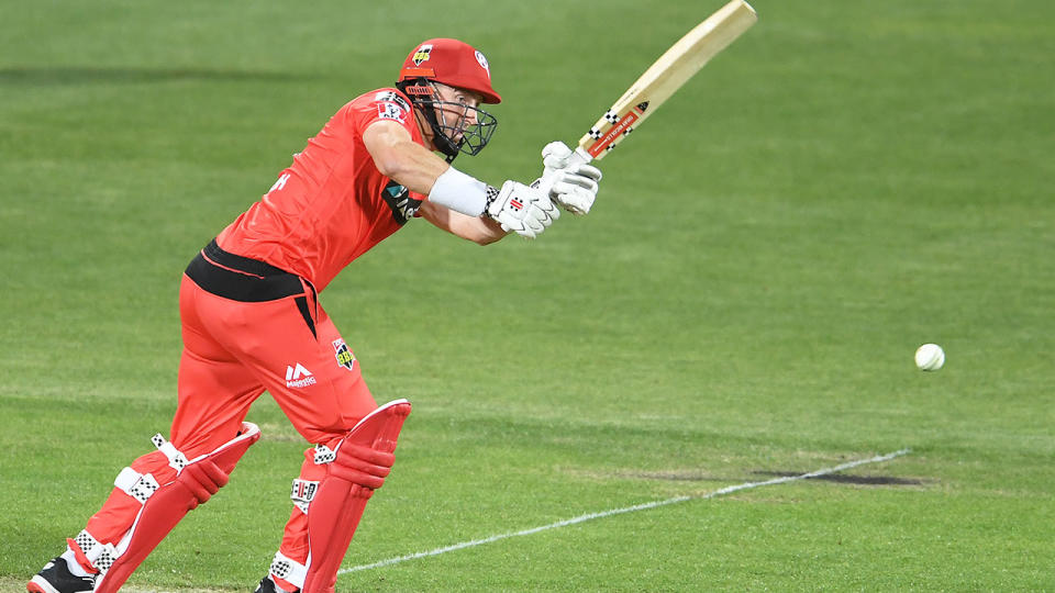 Shaun Marsh can be seen here hitting a shot in the Big Bash for Melbourne Renegades.