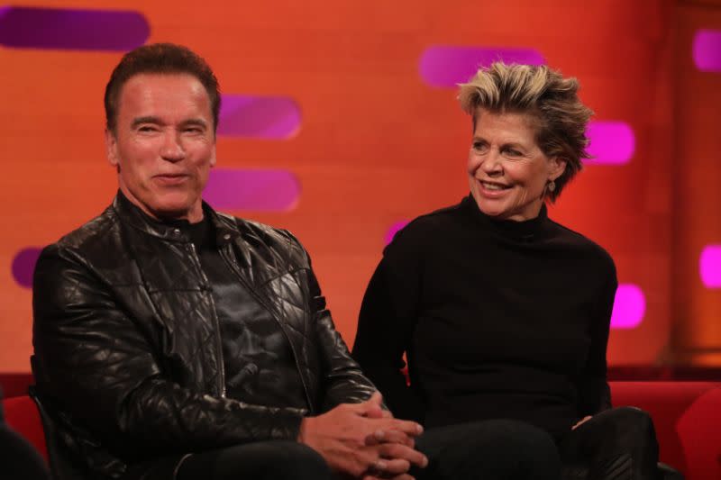 Arnold Schwarzenegger and Linda Hamilton appear on the Graham Norton Show. Photo: Getty