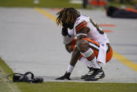 Cleveland Browns tight end David Njoku reacts on the field after an NFL divisional round football game against the Kansas City Chiefs, Sunday, Jan. 17, 2021, in Kansas City. The Chiefs won 22-17. (AP Photo/Jeff Roberson)