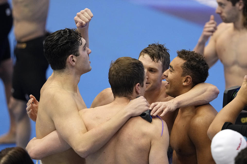 Team United States celebrate after winning the men's 4x100-meter medley relay at the World Swimming Championships in Fukuoka, Japan, Sunday, July 30, 2023. (AP Photo/David J. Phillip)