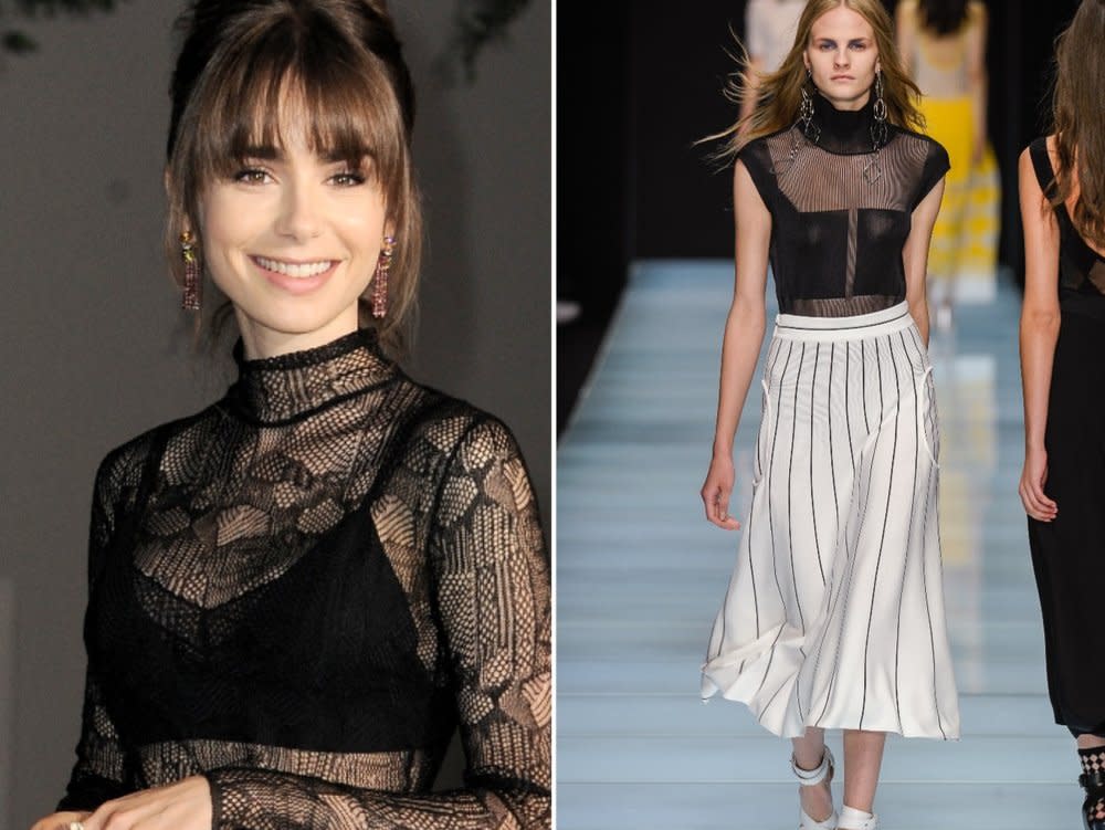 Auch auf den Laufstegen sind die bei Lily Collins (li.) beliebten Röcke mit 3/4-Länge gerade häufig zu sehen. (Bild: Tinseltown/Shutterstock.com / FashionStock.com/Shutterstock.com)