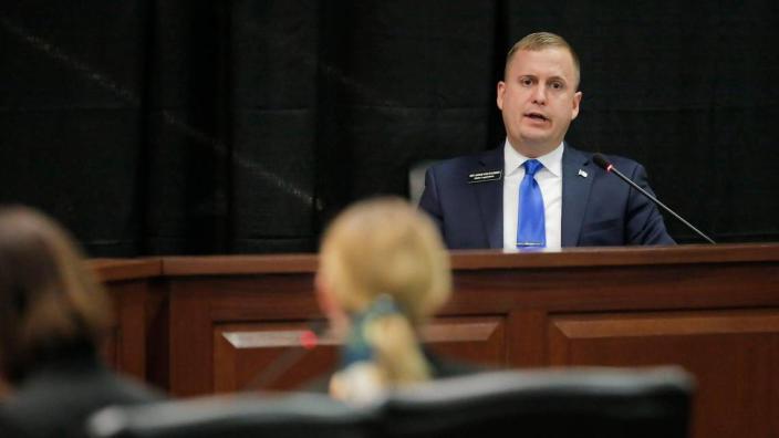 Former Rep. Aaron von Ehlinger, R-Lewiston, answered questions under oath during a House Ethics and Policy Committee hearing in the Legislative Assembly.