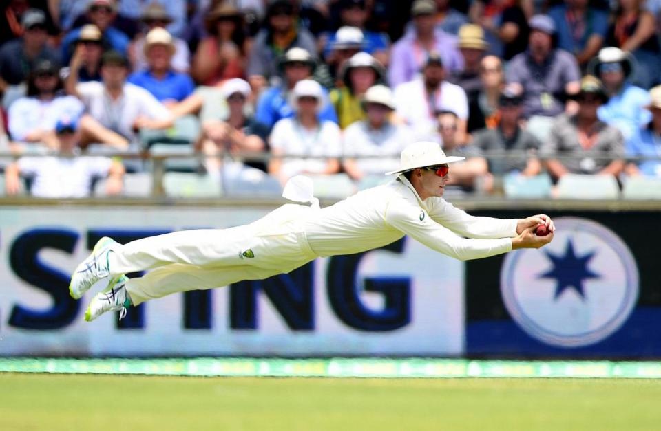 Malan is dismissed after a flying catch from Handscomb (EPA)