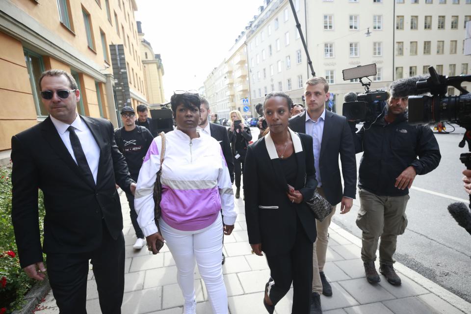 Renee Black (2nd L), ASAP Rocky's mother, arrives at the district court to follow her son's trial in Stockholm on July 30.