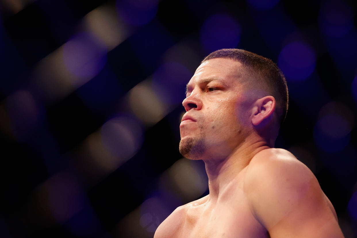 GLENDALE, ARIZONA - JUNE 12: Nate Diaz enters the octagon to fight Leon Edwards of Jamaica during their UFC 263 welterweight match at Gila River Arena on June 12, 2021 in Glendale, Arizona.