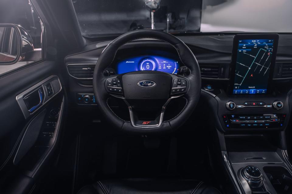 <p>ST-exclusive leather seating seating and interior trim team with a chunky, flat-bottom heated steering wheel bring the sporty feel inside. ST logos reside on the steering wheel and seating.</p>