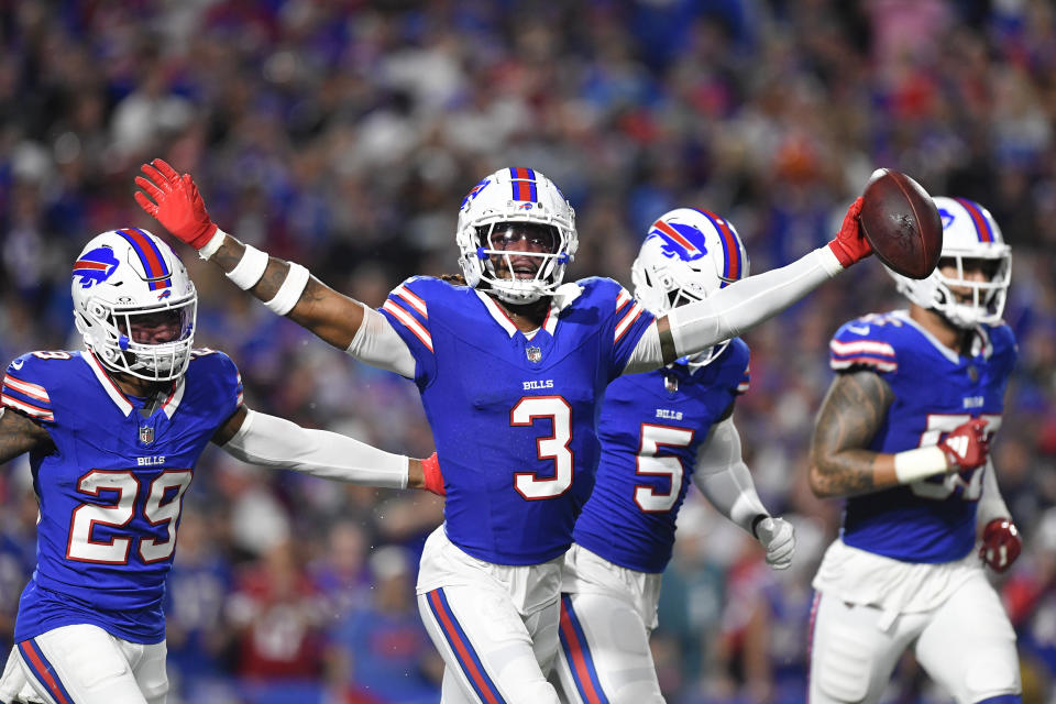 Buffalo Bills safety Damar Hamlin (3) celebrates after intercepting a pass during the first half of an NFL football game against the Jacksonville Jaguars, Monday, Sept. 23, 2024, in Orchard Park, NY. (AP Photo/Adrian Kraus)