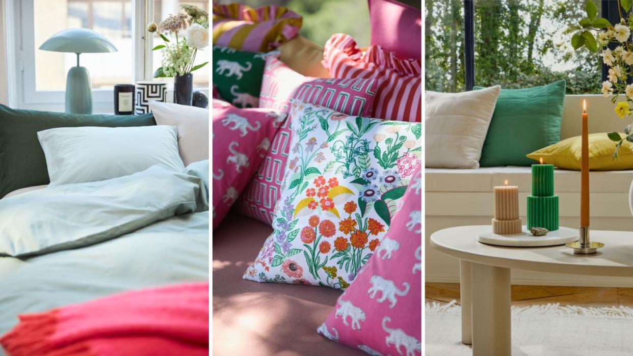  H&M spring home decor including bedding, colorful throw pillows and fluted candles in an outdoor backyard. 