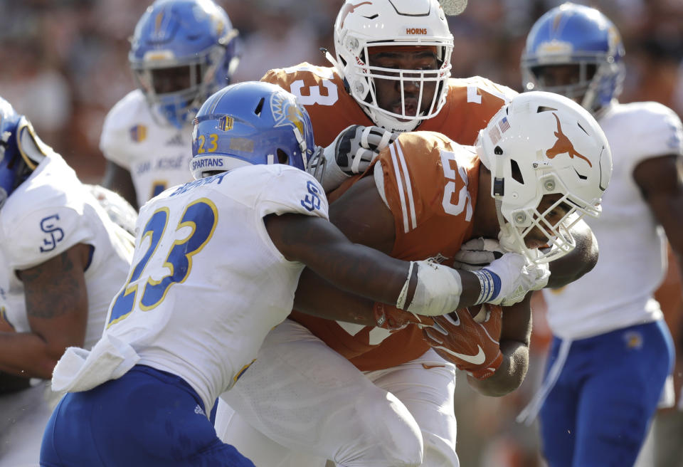 Texas lineman Patrick Hudson was hospitalized and placed in the ICU after suffering heat illness in practice, the school announced Thursday. (AP)