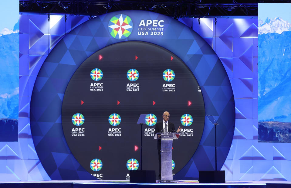 SAN FRANCISCO, CALIFORNIA - NOVEMBER 15: Microsoft CEO Satya Nadella speaks during the APEC CEO Summit at Moscone West on November 15, 2023 in San Francisco, California. The APEC summit is being held in San Francisco and runs through November 17. (Photo by Justin Sullivan/Getty Images)