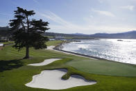 Waves roll in along the 18th hole of the Pebble Beach Golf Links during a practice round of the AT&T Pebble Beach Pro-Am golf tournament in Pebble Beach, Calif., Wednesday, Feb. 1, 2023. (AP Photo/Eric Risberg)