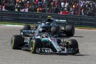 Oct 21, 2018; Austin, TX, USA; Mercedes driver Lewis Hamilton (44) of Great Britain and driver Valtteri Bottas (77) during the United States Grand Prix at Circuit of the Americas. Mandatory Credit: Jerome Miron-USA TODAY Sports