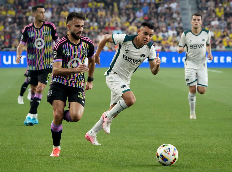 Jul 24, 2024; Columbus, OH, USA; MLS forward Diego Rossi of the Columbus Crew (21) dribbles the ball before a cross into forward Cucho Hernandez of the Columbus Crew (24) who scored a goal against Liga MX during the first half of the MLS All-Star game at Lower.com Field.