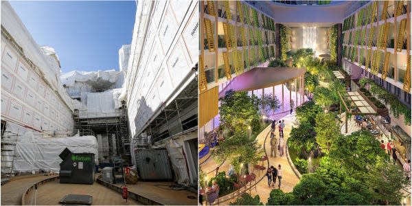 A collage of Royal Caribbean's Icon of the Seas Central Park neighborhood and Royal Caribbean’s rendering of the space.