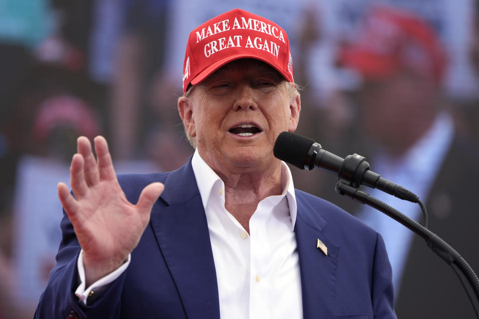 Republican presidential candidate, former President Donald Trump speaks at a campaign rally Sunday, June 9, 2024, in Las Vegas. (AP Photo/John Locher)