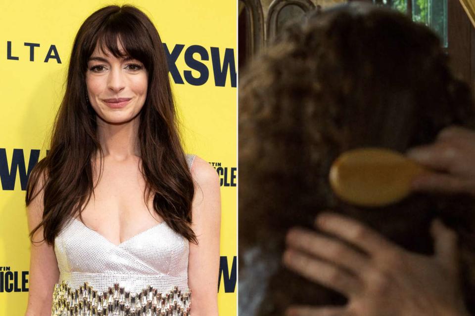 <p>Rick Kern/WireImage, Disney+</p> Anne Hathaway and the hairbrush in her hair in 