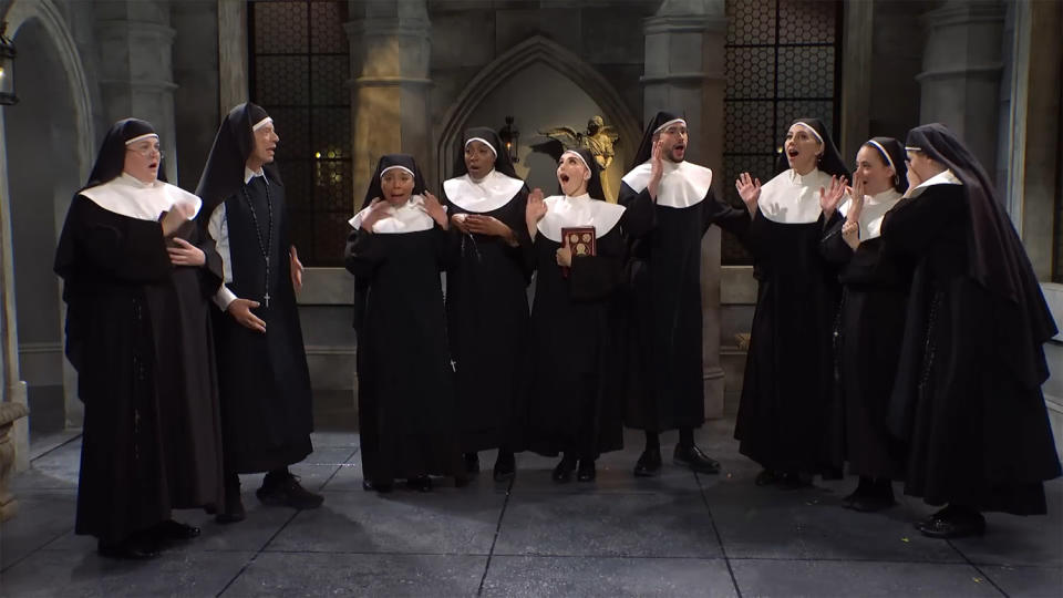 The other nuns were shocked to learn Mick Jagger's character Sister Kevin was the imposter among them. (Saturday Night Live)