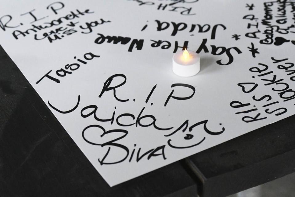 Messages are written on a poster board during a memorial for Jaida Peterson Friday, April 9, 2021, at Tuckaseegee Park in Charlotte, NC. Peterson, a transgender woman, was found dead in a hotel room on Easter Sunday, April 4. (David T. Foster III/The Charlotte Observer via AP)