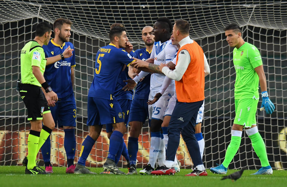 VERONA, ITALY - NOVEMBER 03:  Mario Balotelli #45 of Brescia Calcio reacts to racist chants from Verona fans during the Serie A match between Hellas Verona and Brescia Calcio at Stadio Marcantonio Bentegodi on November 3, 2019 in Verona, Italy.  (Photo by Alessandro Sabattini/Getty Images)