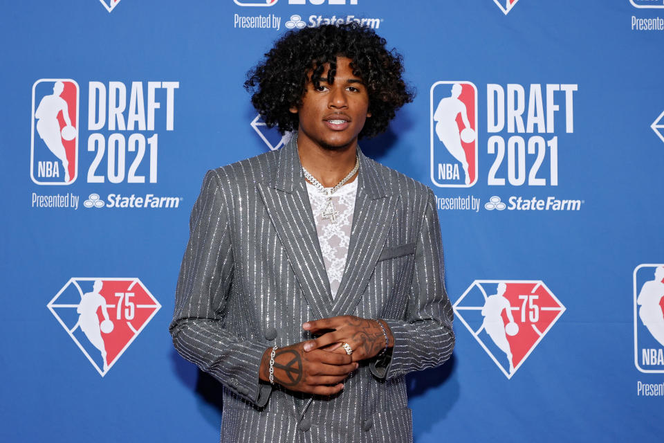 Jalen Green poses for photos on the red carpet during the 2021 NBA Draft at the Barclays Center on July 29, 2021 in New York City.