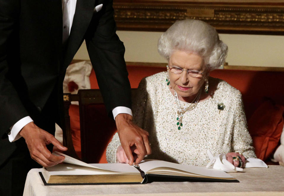 A closer look at the Queen's vintage brooch - a gift from the Obamas in 2011 [Photo: PA]