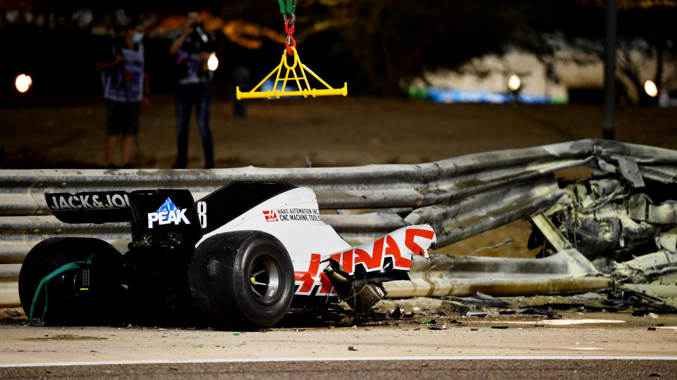 Romain Grosjean's car after his terrifying crash. (Photo by Clive Mason - Formula 1/Formula 1 via Getty Images)