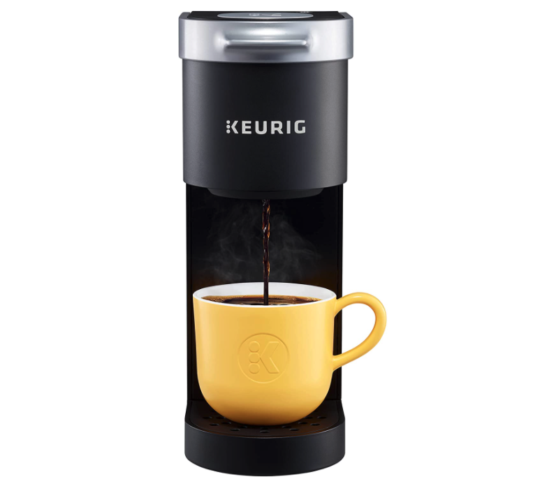 Yellow mug brews using Keurig K-Mini Single Serve K-Cup Pod Coffee Maker.