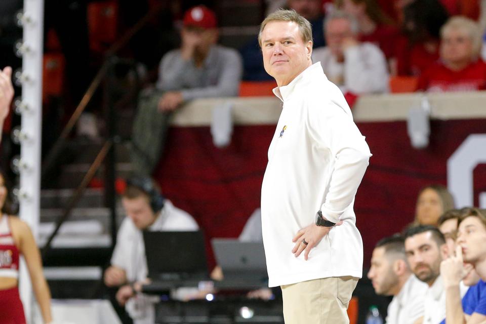 Kansas basketball coach Bill Self stands on the sideline during the second half of a game Saturday against Oklahoma at the Lloyd Noble Center in Norman, Oklahoma.
