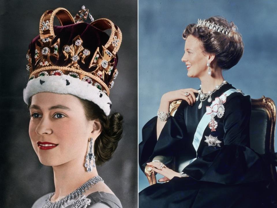 Early portraits of Queen Elizabeth II and Queen Margrethe II.
