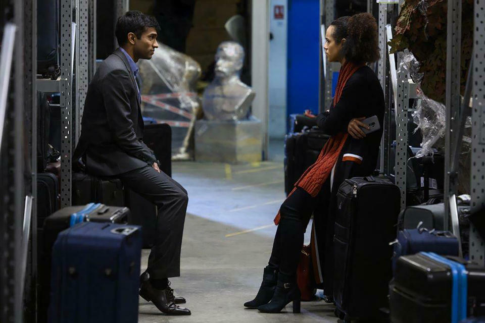 In this undated photo provided by Hulu, Nikesh Patel, left, and Nathalie Emmanuel appear in a scene from the first episode of "Four Weddings and a Funeral." The series debuts July 31, 2019, on Hulu and is executive produced by Mindy Kaling, who co-wrote the script for the first episode. (Jay Maidment/Hulu via AP)