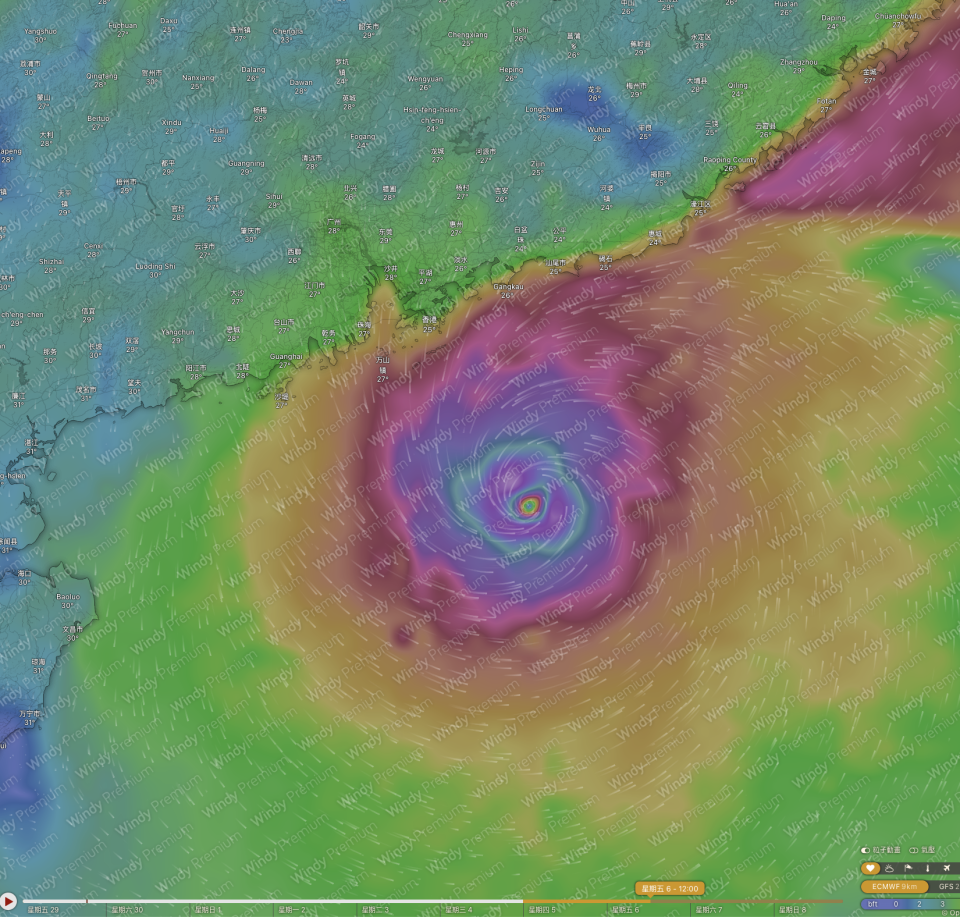 歐洲中期天氣預報中心（ECMWF）預期熱帶氣旋在下周五（6 日）會趨向南海北部，但距離下周五尚有 7 日，路徑誤差巨大，建議只作參考。（Windy）（點擊可放大）