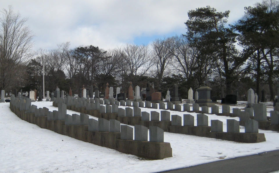 This Feb. 29, 2012 photo shows rows of tombstones at the Fairview Lawn Cemetery in Halifax, Nova Scotia, Canada. One hundred years ago, ships from this old port city on the Atlantic set out to recover the Titanic's dead. They brought back more than 330 bodies; 150 are buried in three Halifax cemeteries. (AP Photo/Robert Gillies)