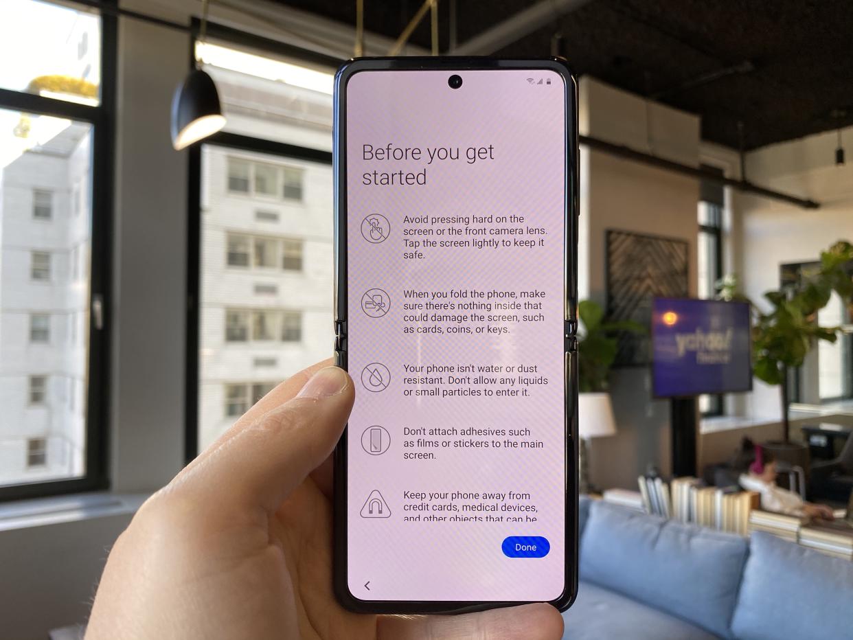 The Z Flip, unlike most smartphones, isn't waterproof. What's more, you'll need to take extra care not to damage its display. (Image: Howley)
