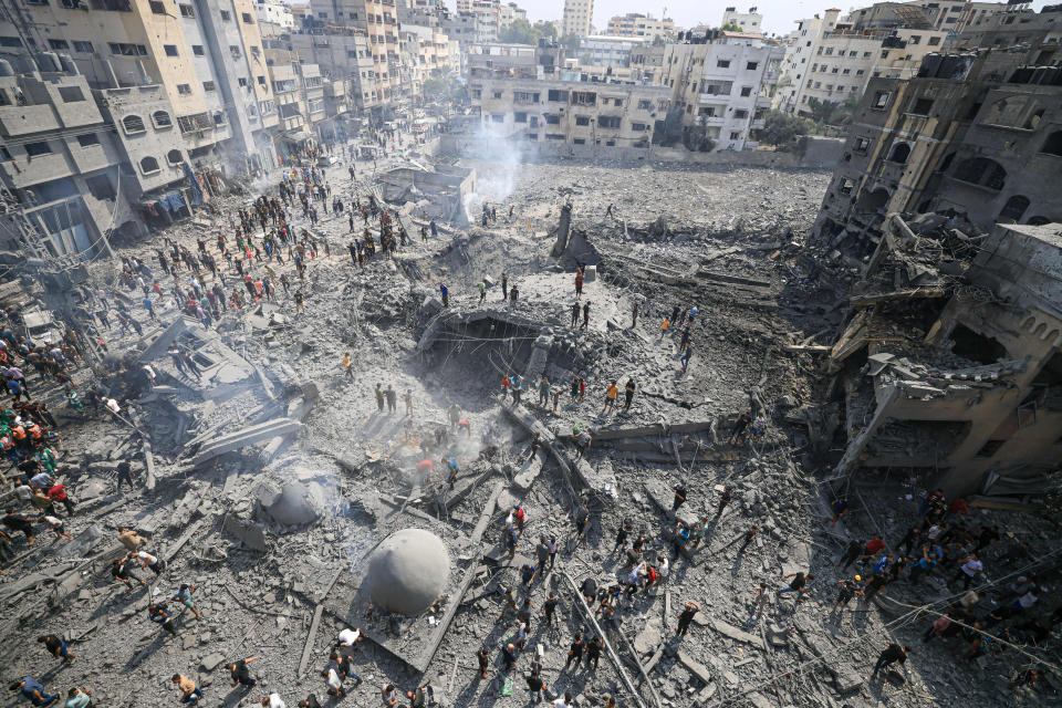 Damage in the aftermath of an Israeli airstrike on the Sousi Mosque in Gaza City on Monday. (Mahmud Hams/AFP via Getty Images)