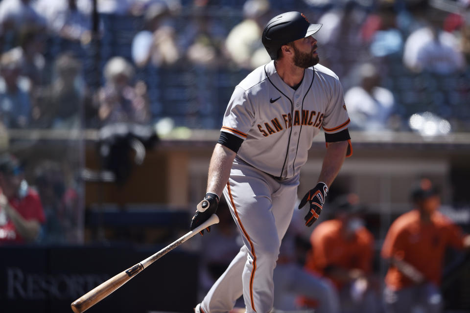 San Francisco Giants' Darin Ruf looks up after hitting a two-run home run during the second inning of a baseball game against the San Diego Padres in San Diego, Wednesday, April 7, 2021. (AP Photo/Kelvin Kuo)