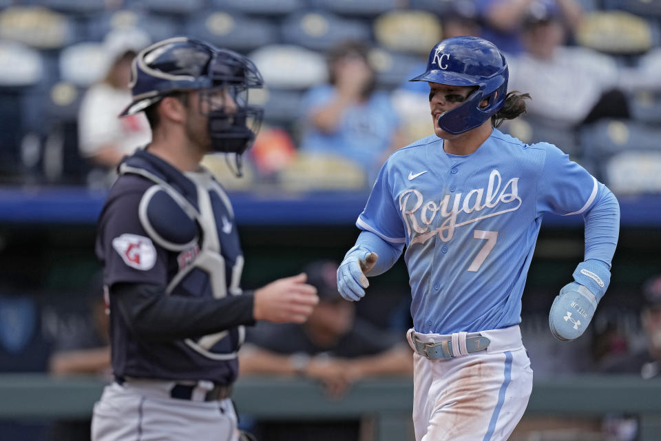 Kansas City Royals shortstop Bobby Witt Jr. (7) runs home to score on a single by MJ Melendez during the eighth inning of a baseball game against the Cleveland Guardians Wednesday, Sept. 20, 2023, in Kansas City, Mo. (AP Photo/Charlie Riedel)